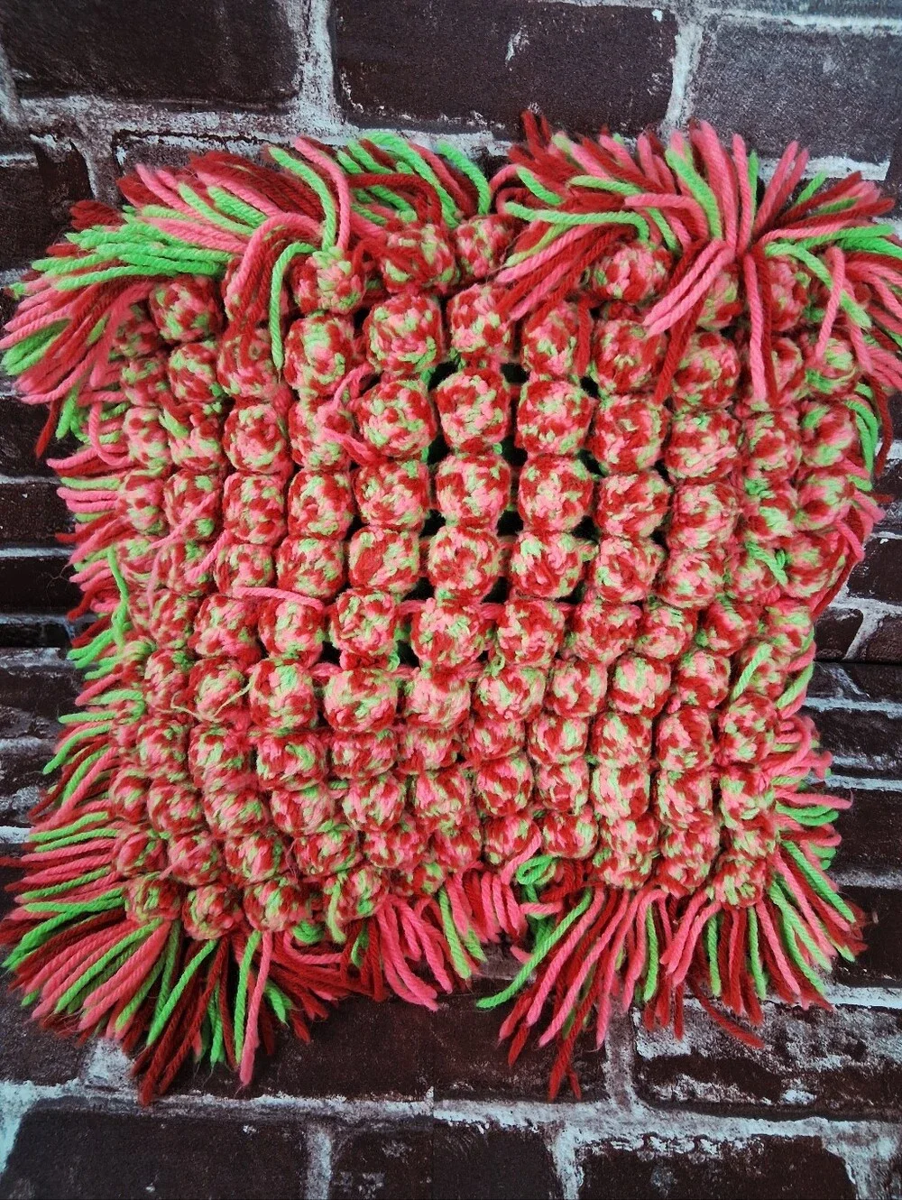 Crochet Pom Pom Pillow Vintage 70s Yarn Handmade Hippie Accent Dopamine Sofa